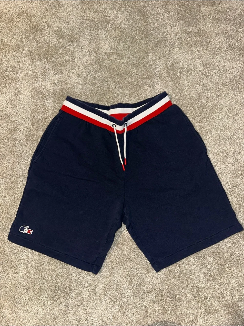 Lacoste Navy Athletic Shorts with Red & White Waistband